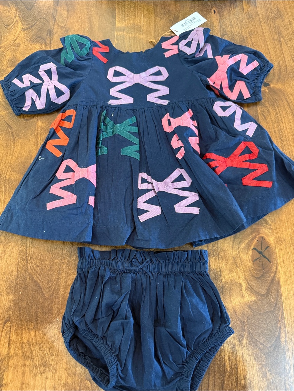 Pink Chicken Navy Dress with Pink & Green Ribbon Appliqués